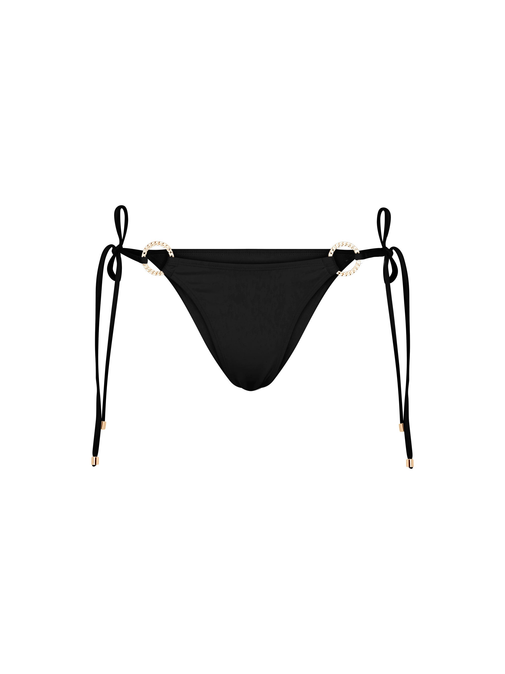 La Michaux black bandeau bikini bottom with gold ring details and adjustable side ties #color_black