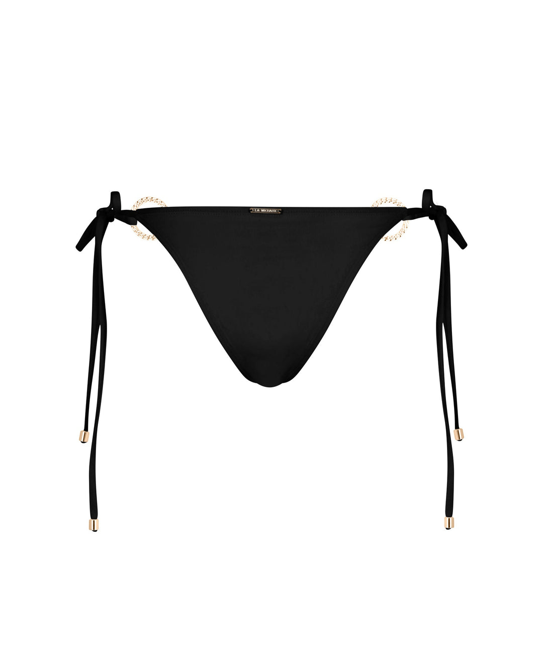 La Michaux black bandeau bikini bottom with gold ring details and adjustable side ties #color_black