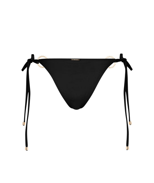La Michaux black bandeau bikini bottom with gold ring details and adjustable side ties #color_black