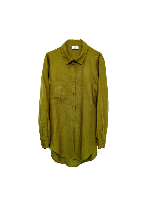 Khaki linen shirt with custom La Michaux embroidery logo