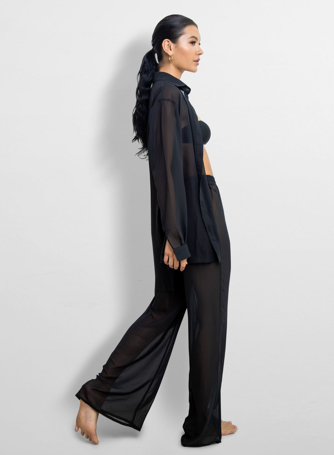 La Michaux black sheer Shirt with gold buttons, long sleeves, classic collar, luxury resortwear for women #color_black