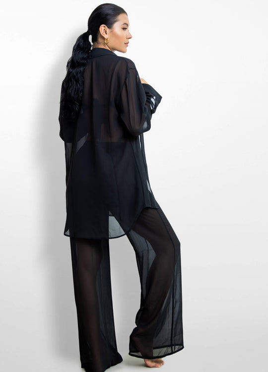 La Michaux black sheer Shirt with gold buttons, long sleeves, classic collar, luxury resortwear for women #color_black