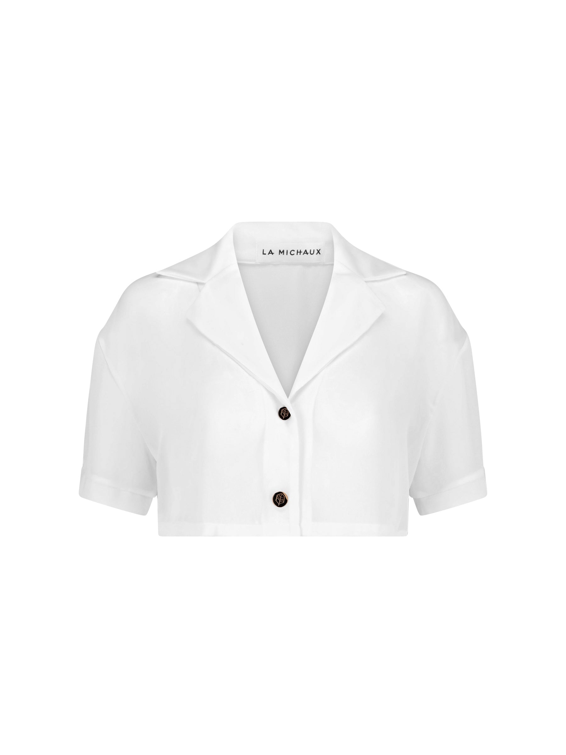 La Michaux white cropped shirt with short sleeves, luxury resortwear with custom LM buttons #color_white