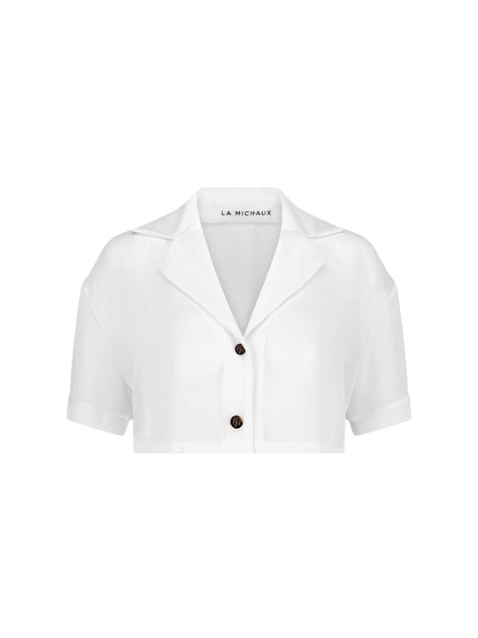 La Michaux white cropped shirt with short sleeves, luxury resortwear with custom LM buttons #color_white