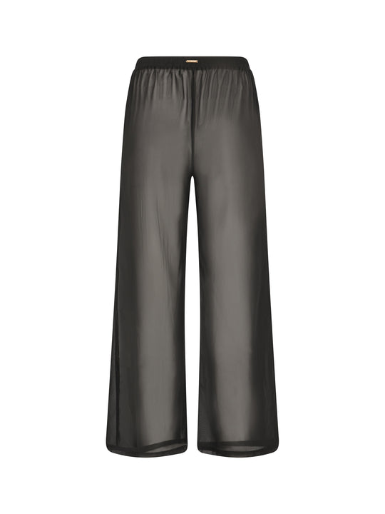 La Michaux women’s black luxury wide-leg beach pants with elastic waistband, front view. #color_black