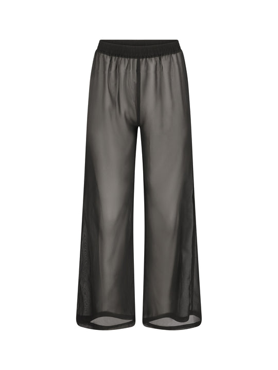 La Michaux women’s black luxury wide-leg beach pants with elastic waistband, front view. #color_black