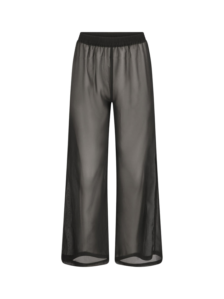 La Michaux women’s black luxury wide-leg beach pants with elastic waistband, front view. #color_black