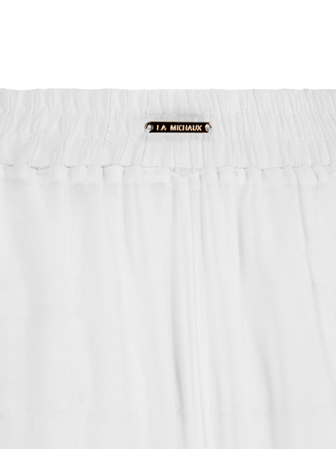 La Michaux women’s white luxury wide-leg beach pants with elastic waistband, front view. #color_white