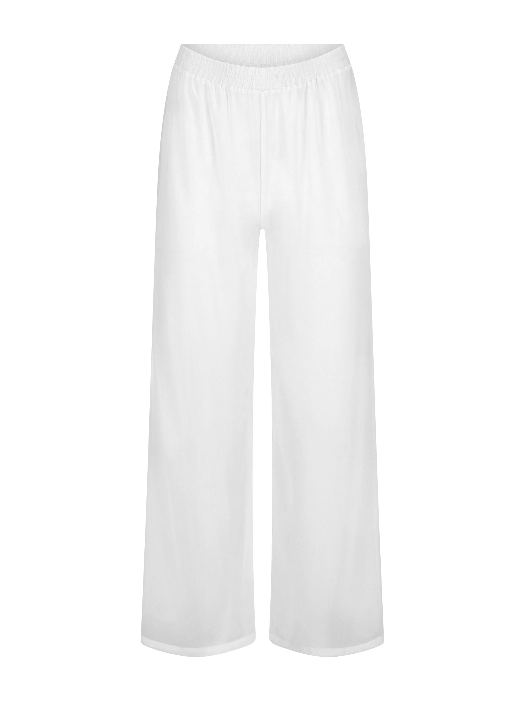La Michaux women’s white luxury wide-leg beach pants with elastic waistband, front view. #color_white