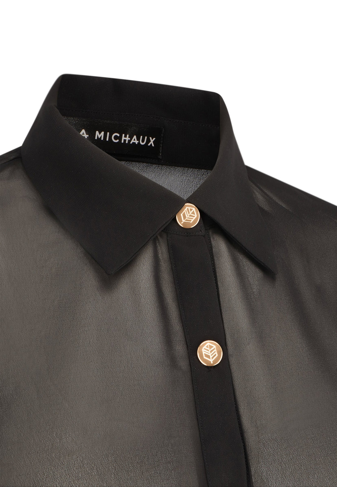 La Michaux black sheer Shirt with gold buttons, long sleeves, classic collar, luxury resortwear for women #color_black