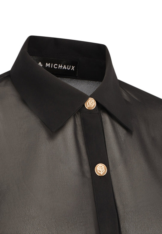 La Michaux black sheer Shirt with gold buttons, long sleeves, classic collar, luxury resortwear for women #color_black