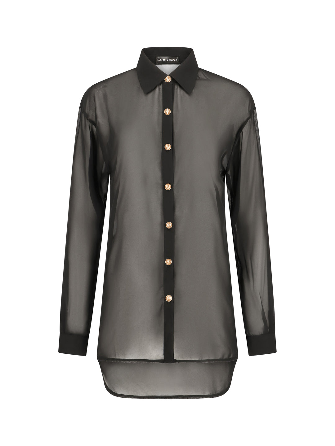 La Michaux black sheer Shirt with gold buttons, long sleeves, classic collar, luxury resortwear for women #color_black