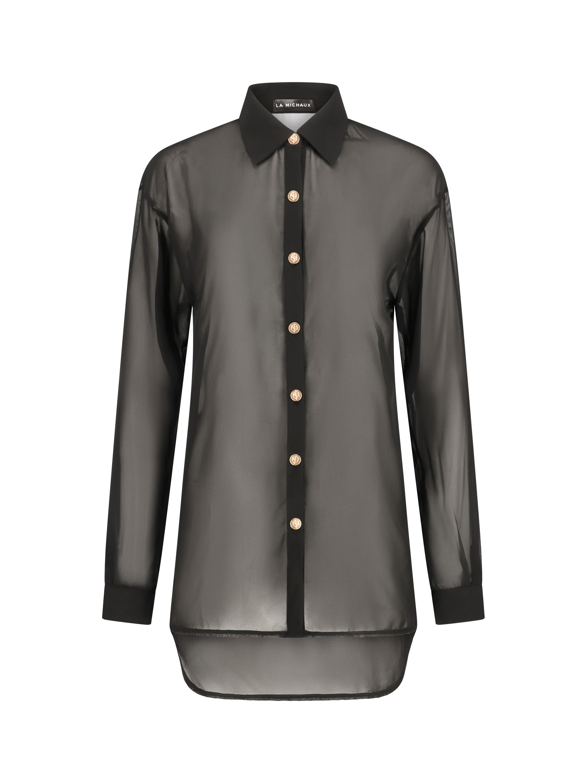 La Michaux black sheer Shirt with gold buttons, long sleeves, classic collar, luxury resortwear for women #color_black