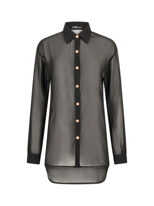 La Michaux black sheer Shirt with gold buttons, long sleeves, classic collar, luxury resortwear for women #color_black