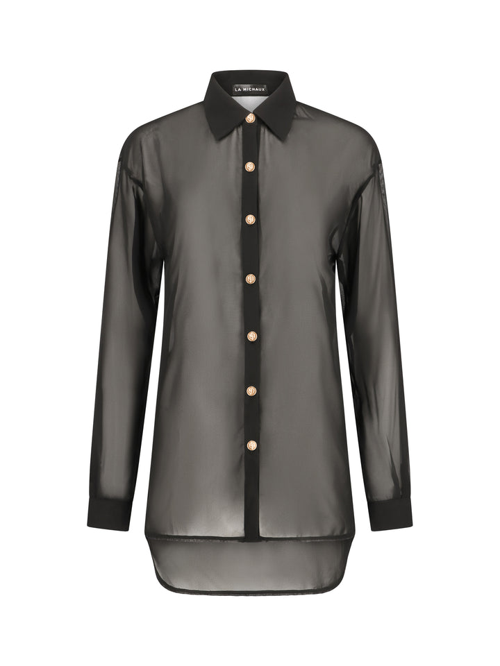 La Michaux black sheer Shirt with gold buttons, long sleeves, classic collar, luxury resortwear for women #color_black