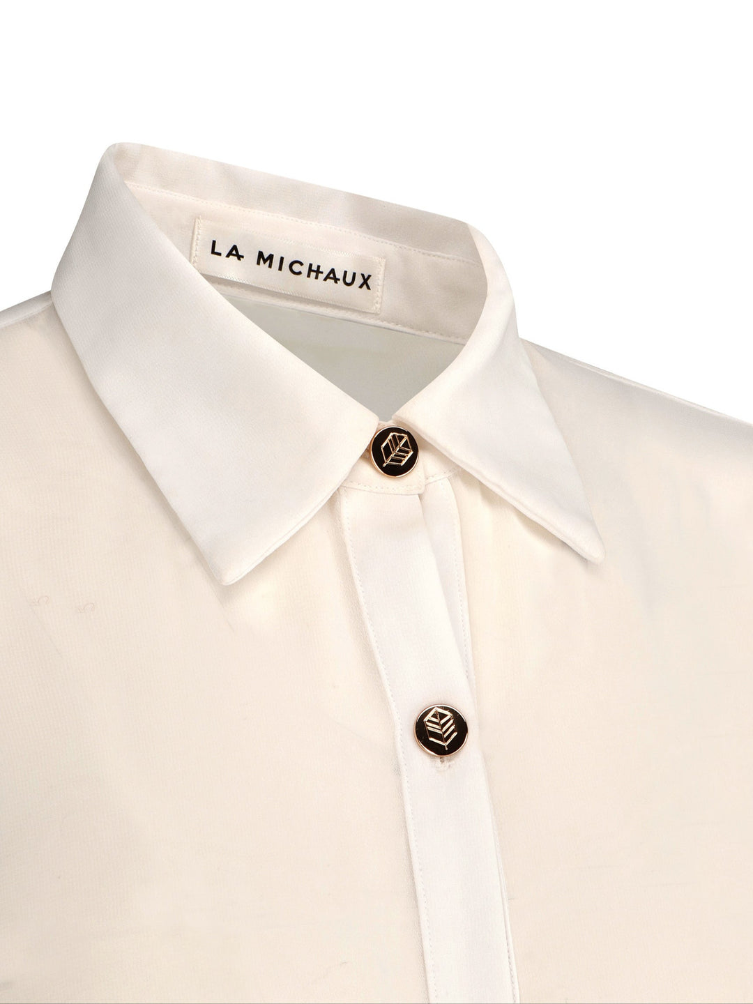 La Michaux White sheer Shirt with gold buttons, long sleeves, classic collar, luxury resortwear for women #color_white
