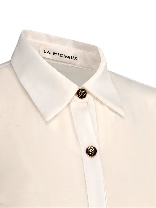 La Michaux White sheer Shirt with gold buttons, long sleeves, classic collar, luxury resortwear for women #color_white