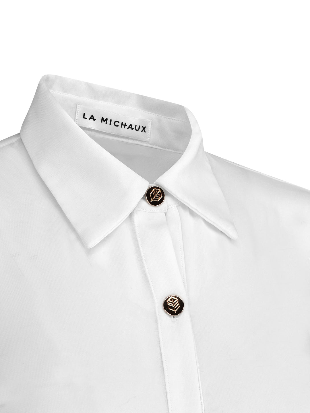 La Michaux White sheer Shirt with gold buttons, long sleeves, classic collar, luxury resortwear for women #color_white