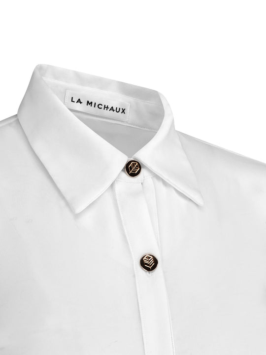 La Michaux White sheer Shirt with gold buttons, long sleeves, classic collar, luxury resortwear for women #color_white