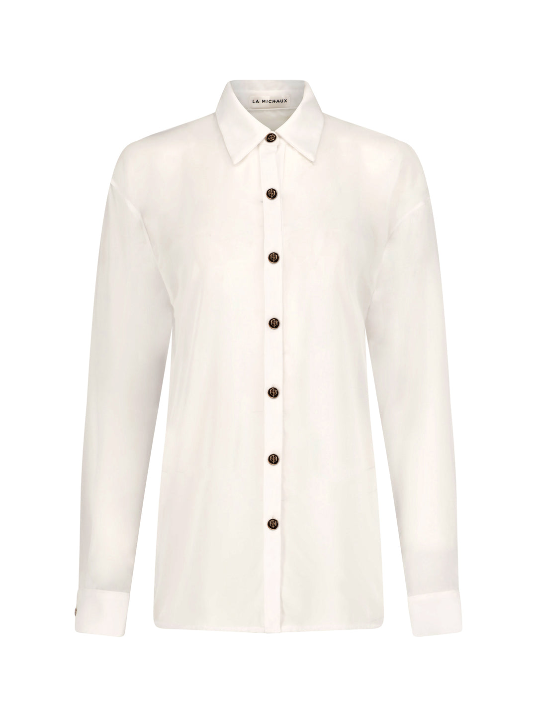 La Michaux White sheer Shirt with gold buttons, long sleeves, classic collar, luxury resortwear for women #color_white