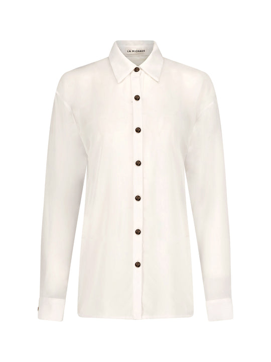 La Michaux White sheer Shirt with gold buttons, long sleeves, classic collar, luxury resortwear for women #color_white