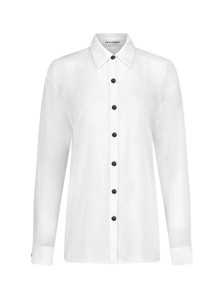 La Michaux White sheer Shirt with gold buttons, long sleeves, classic collar, luxury resortwear for women #color_white