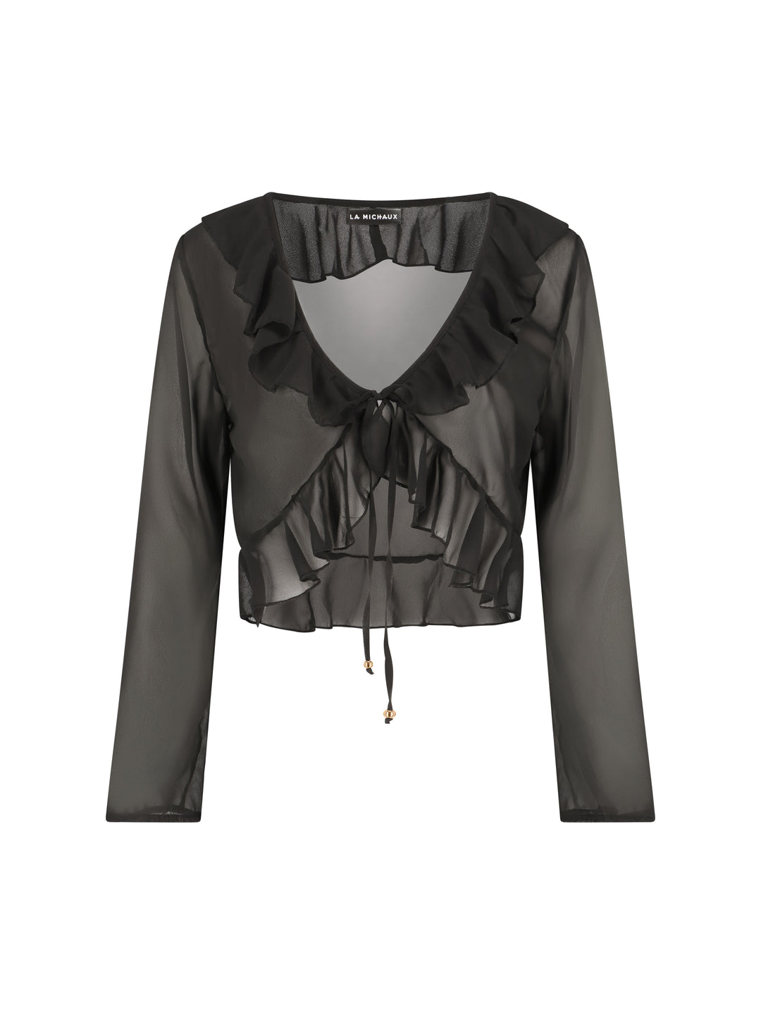 La Michaux black sheer luxury ruffle top with long sleeves, front view #color_black