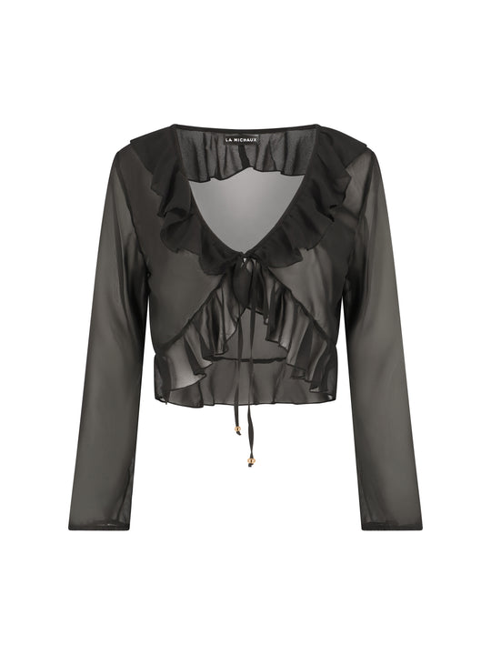 La Michaux black sheer luxury ruffle top with long sleeves, front view #color_black