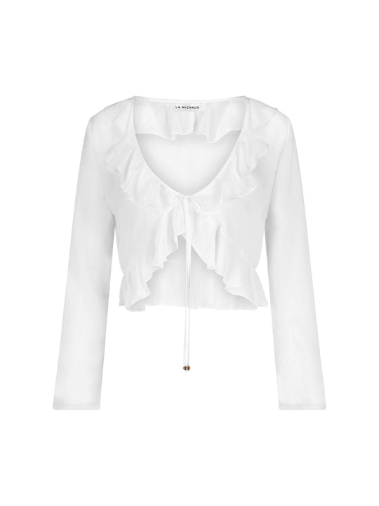 La Michaux white sheer luxury ruffle top with long sleeves, front view #color_white