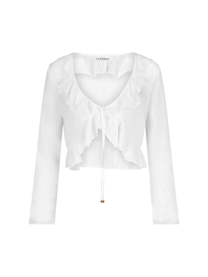 La Michaux white sheer luxury ruffle top with long sleeves, front view #color_white