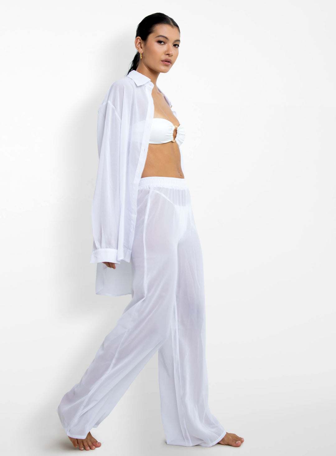 La Michaux white sheer Shirt with gold buttons, long sleeves, classic collar, luxury resortwear for women #color_white