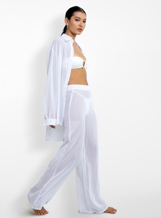 La Michaux white sheer Shirt with gold buttons, long sleeves, classic collar, luxury resortwear for women #color_white