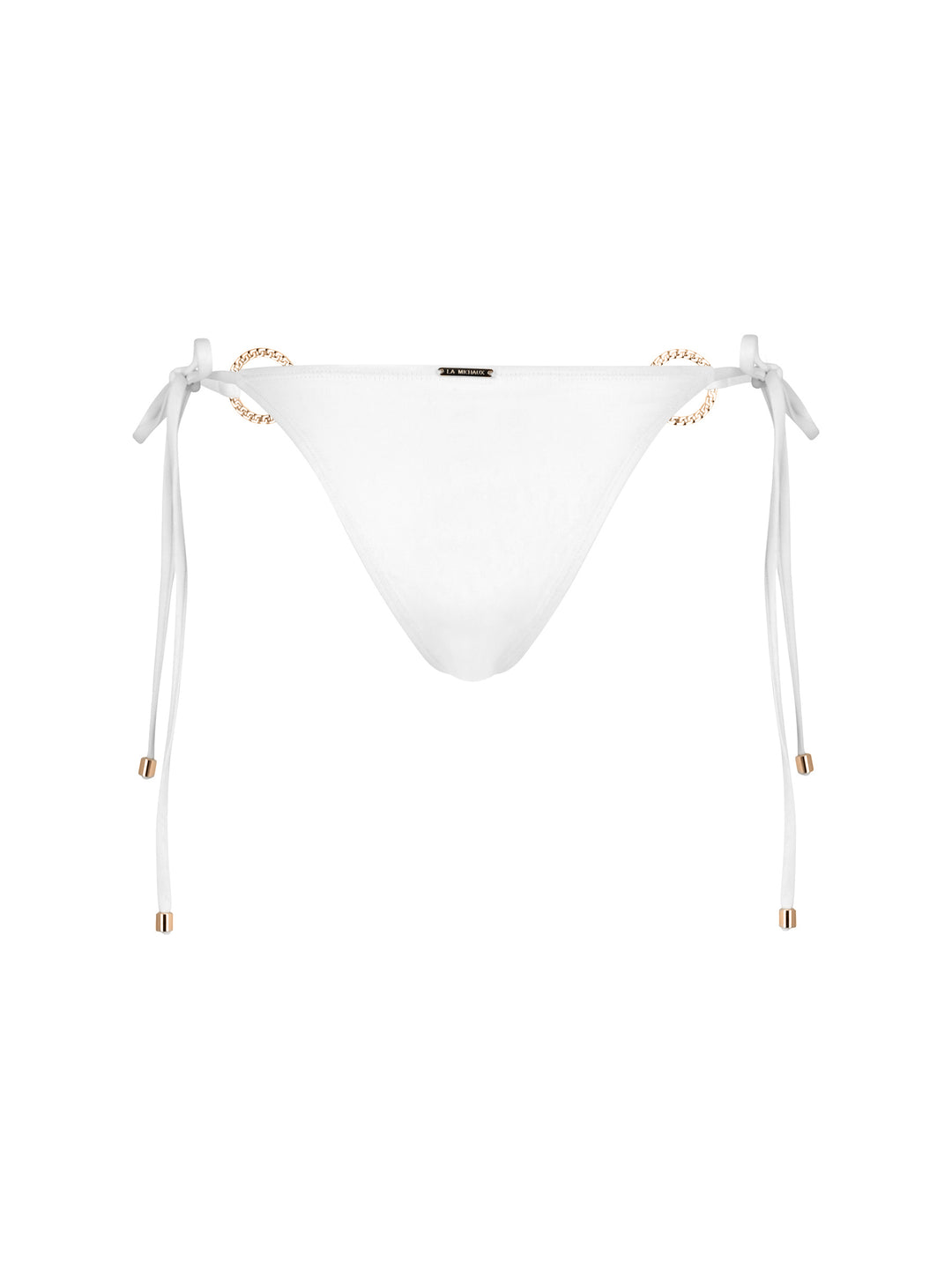 La Michaux white bandeau bikini bottom with gold ring details and adjustable side ties #color_white