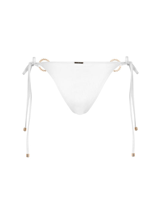 La Michaux white bandeau bikini bottom with gold ring details and adjustable side ties #color_white