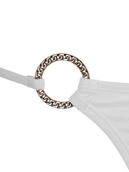 La Michaux white bandeau bikini bottom with gold ring details and adjustable side ties #color_white