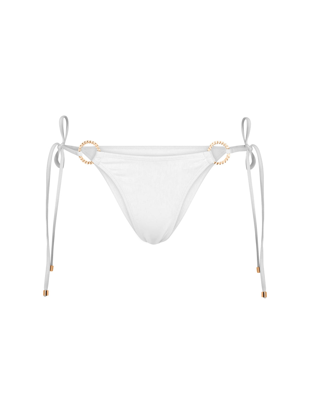 La Michaux white bandeau bikini bottom with gold ring details and adjustable side ties #color_white