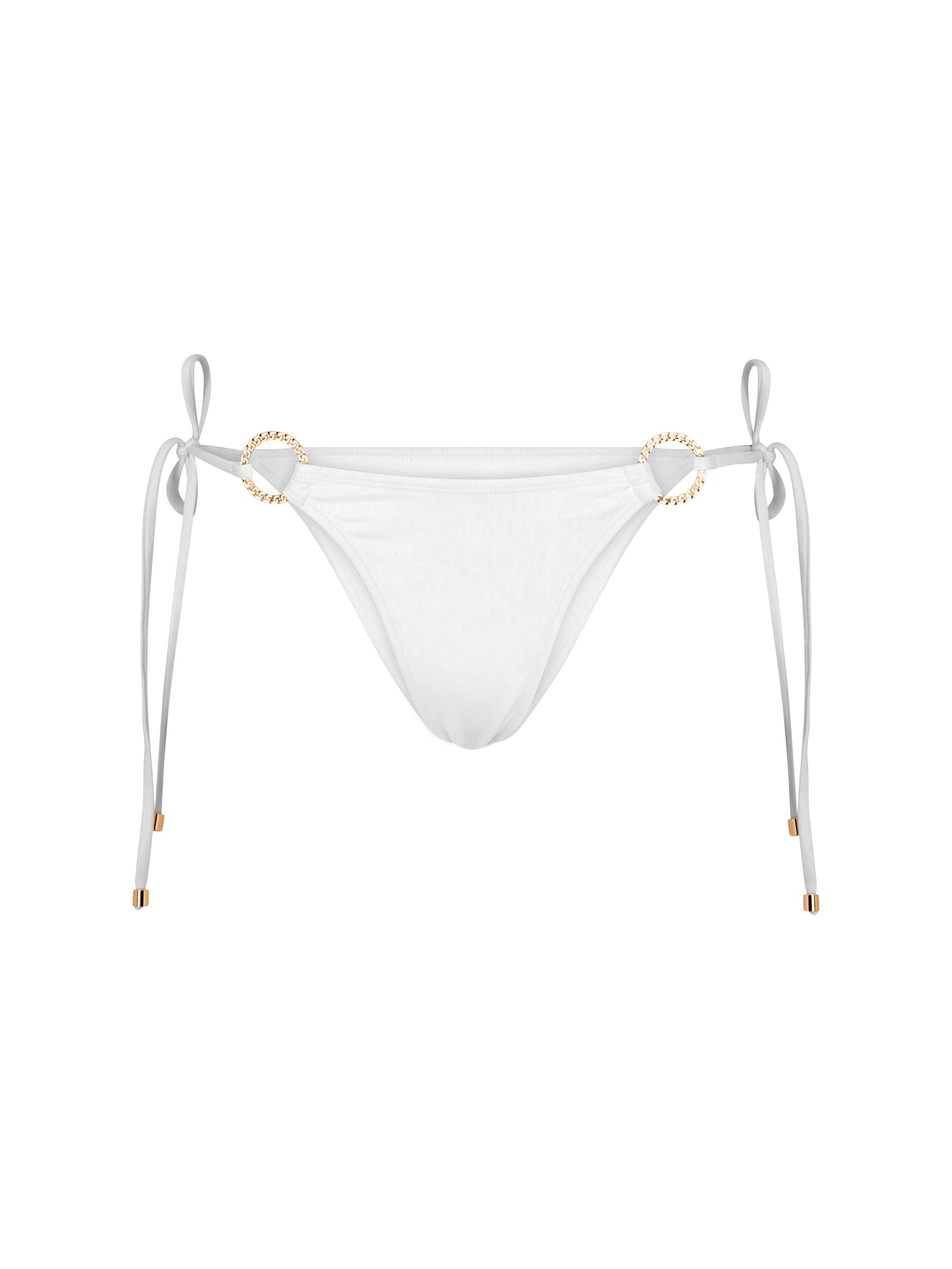 La Michaux white bandeau bikini bottom with gold ring details and adjustable side ties #color_white