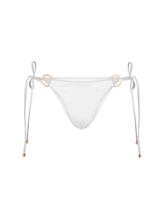 La Michaux white bandeau bikini bottom with gold ring details and adjustable side ties #color_white