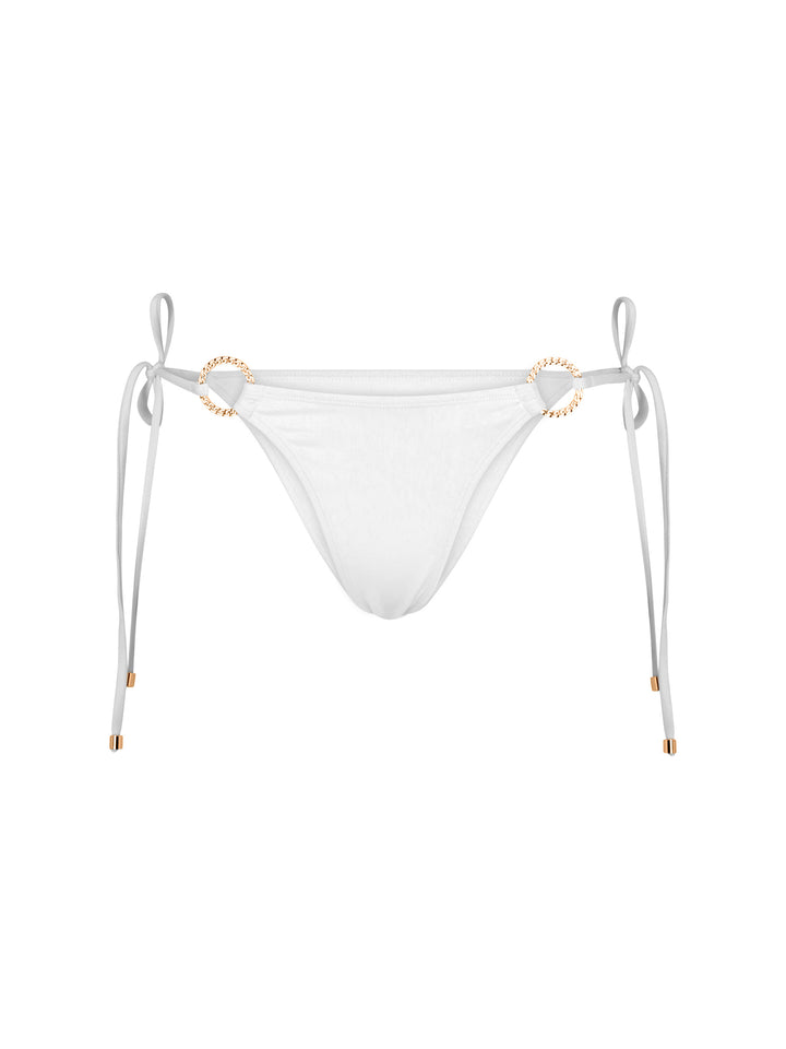 La Michaux white bandeau bikini bottom with gold ring details and adjustable side ties #color_white