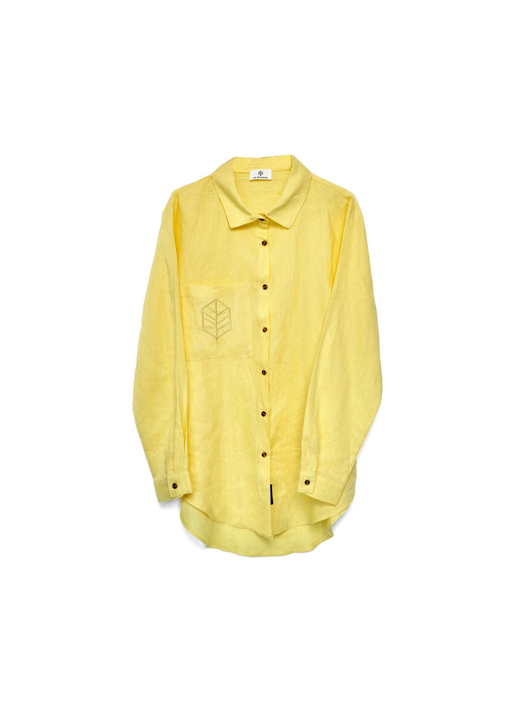 Yellow linen shirt with custom La Michaux embroidery logo