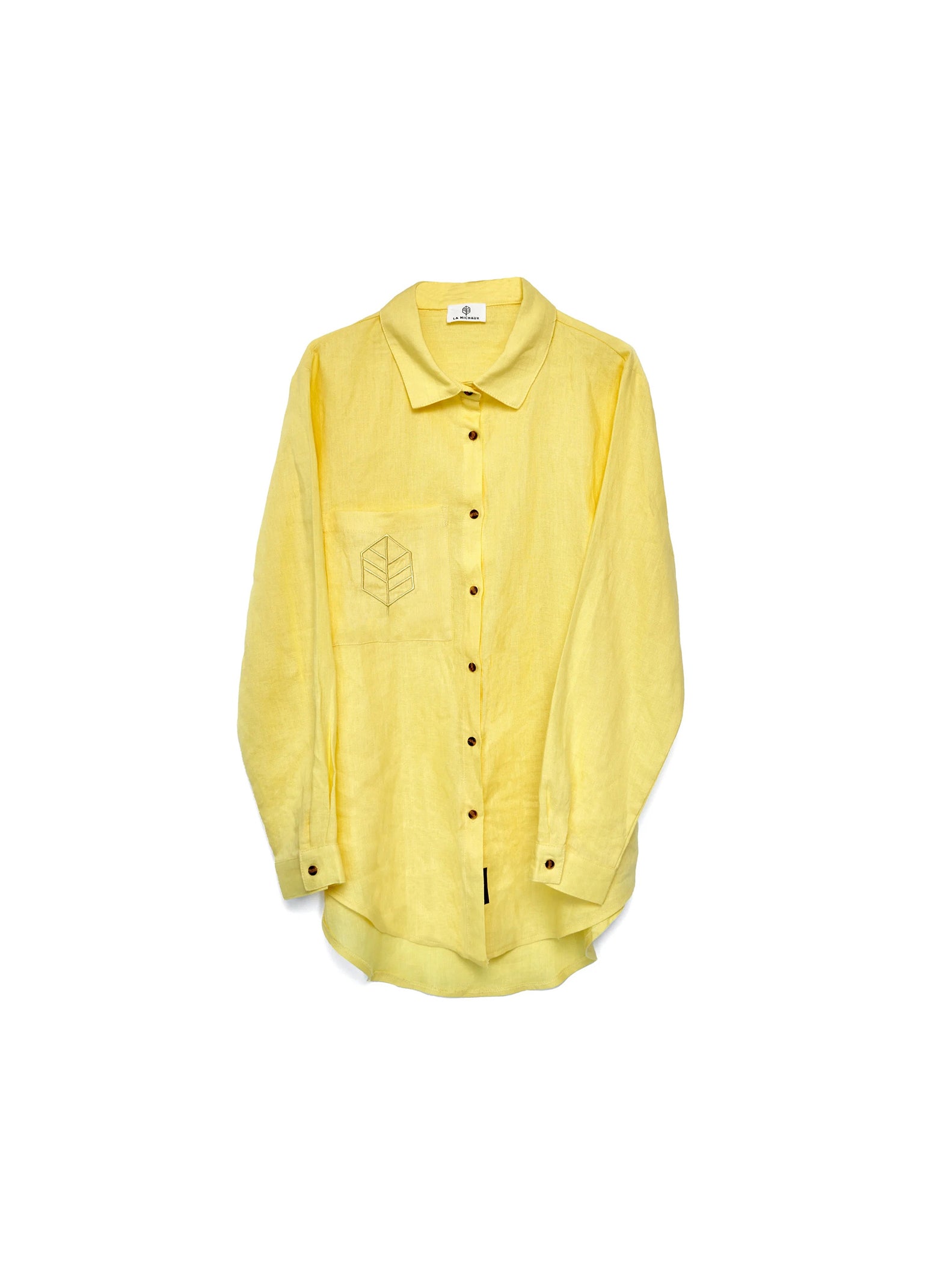 Yellow linen shirt with custom La Michaux embroidery logo