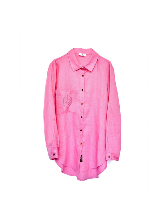 Pink linen shirt with custom La Michaux embroidery logo